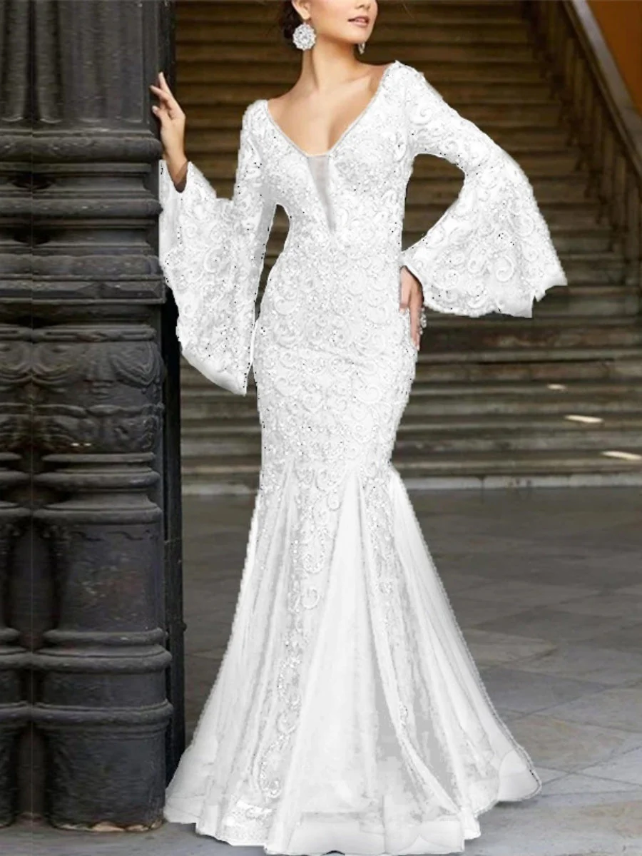 Lace Solid Color Fishtail Long Sleeve Maxi Dresses - Image 4