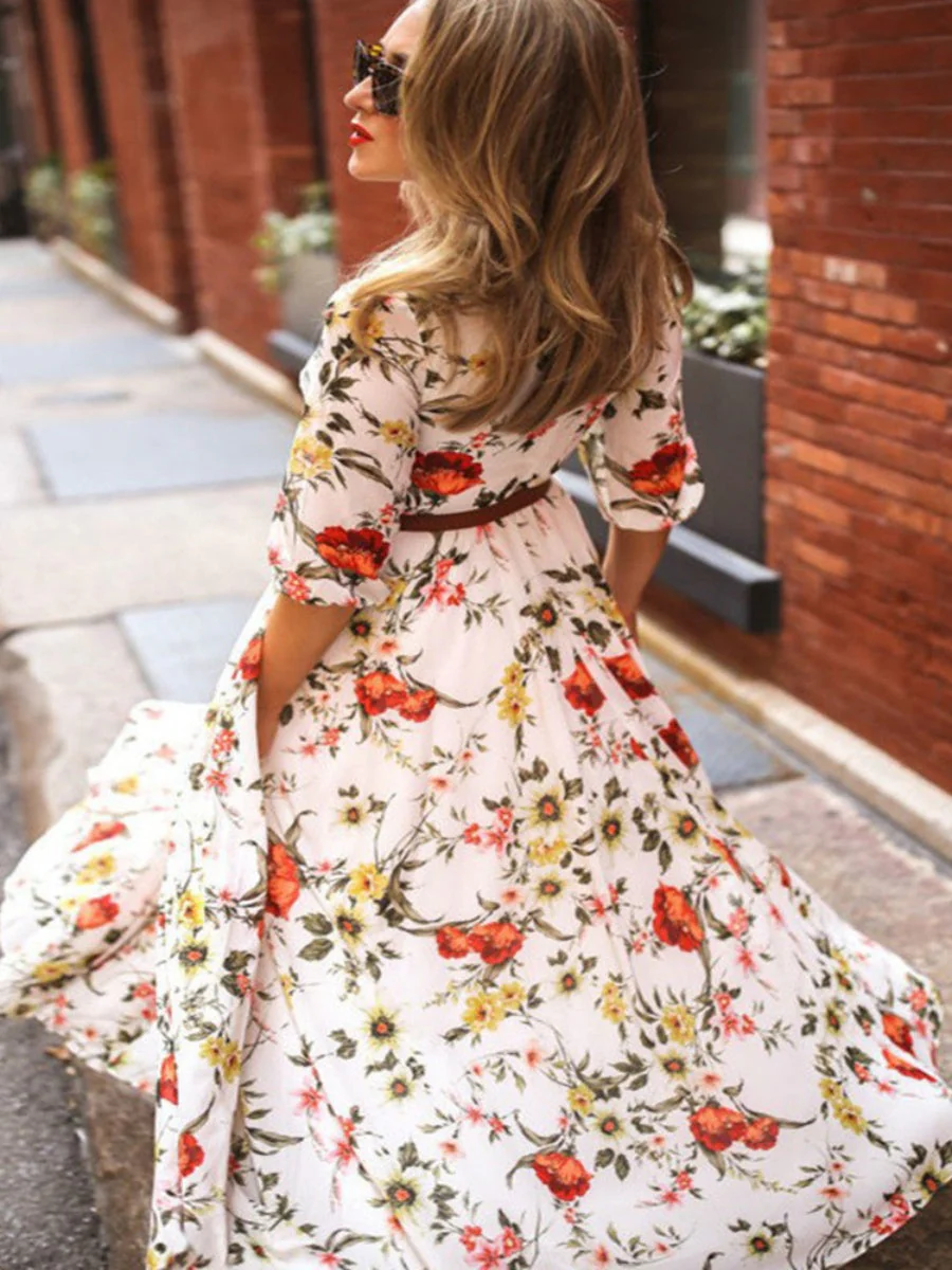 Floral Print Crew Neck Half Sleeves Maxi Dresses - Image 2