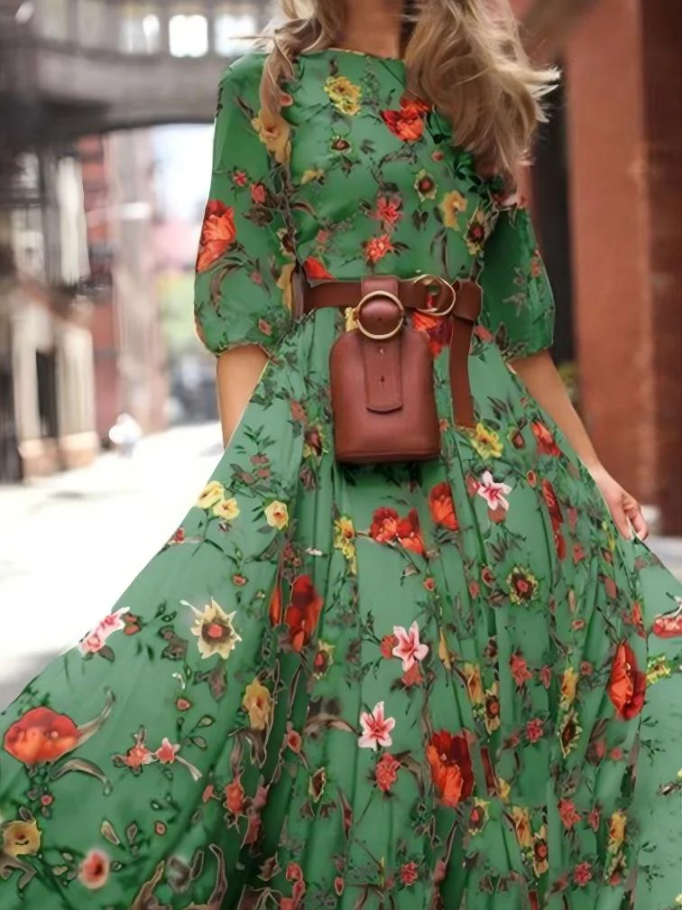 Floral Print Crew Neck Half Sleeves Maxi Dresses - Image 3