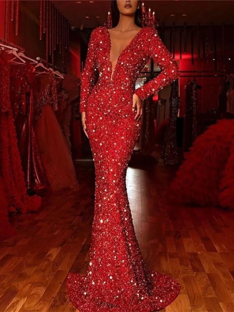 V-neck Long Sleeve Glitter Fishtail Edge Maxi Dresses - Image 2