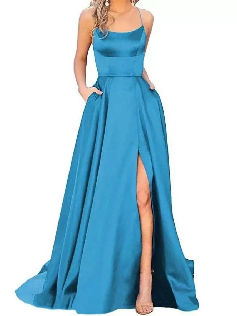Silk High Fork Solid Color Camisoles Maxi Dresses - Image 2