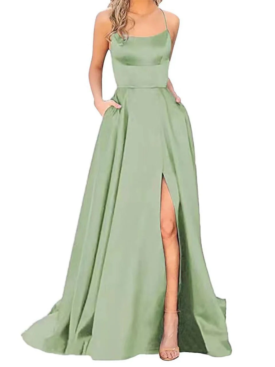 Silk High Fork Solid Color Camisoles Maxi Dresses - Image 3