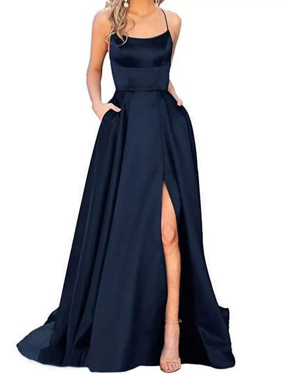 Silk High Fork Solid Color Camisoles Maxi Dresses - Image 4