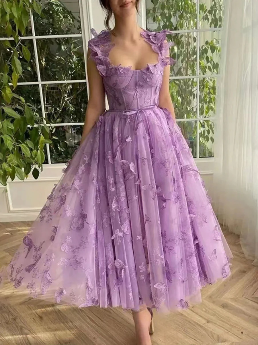 Sleeveless High-slit 3D Floral Purple Midi Dress