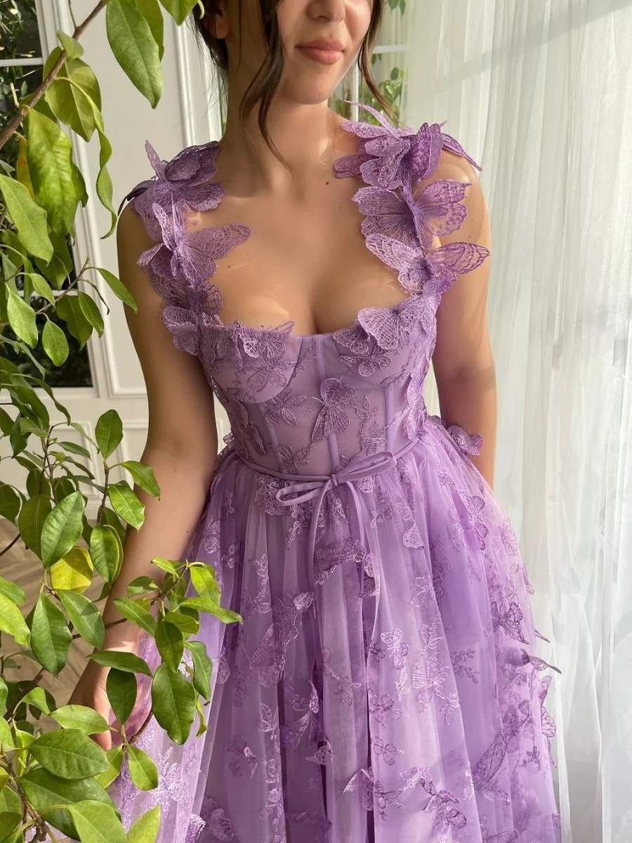 Sleeveless High-slit 3D Floral Purple Midi Dress - Image 3