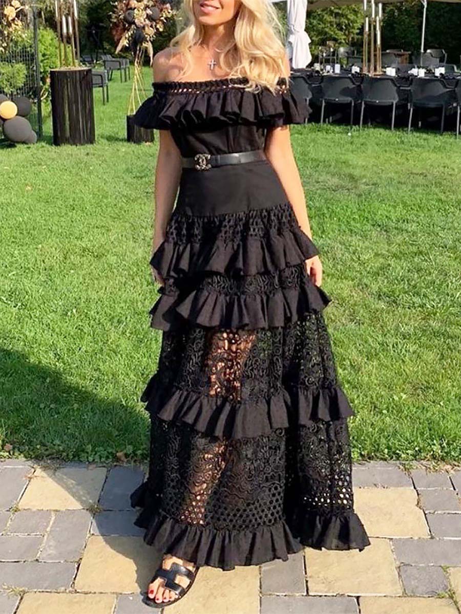 One-shoulder Ruffled Hollow Swing Lace Maxi Dresses - Image 3