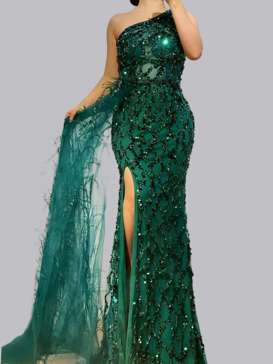 Long Sleeveless Feather Glitter Maxi Dresses - Image 2