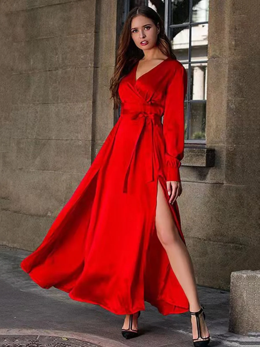 Bohemian Deep V Long Sleeve Slit Maxi Dress - Image 4
