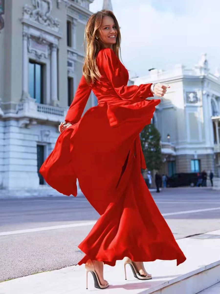 Bohemian Deep V Long Sleeve Slit Maxi Dress - Image 5