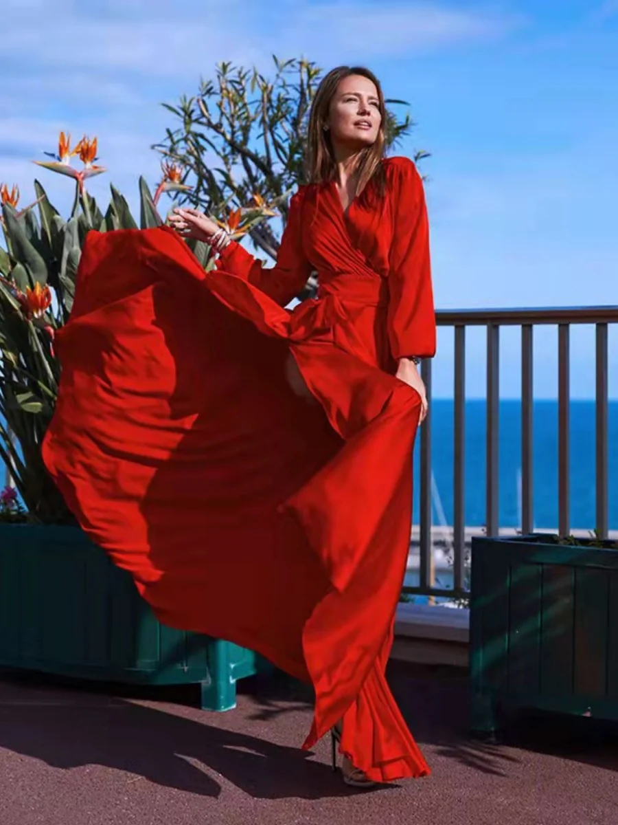Bohemian Deep V Long Sleeve Slit Maxi Dress - Image 6