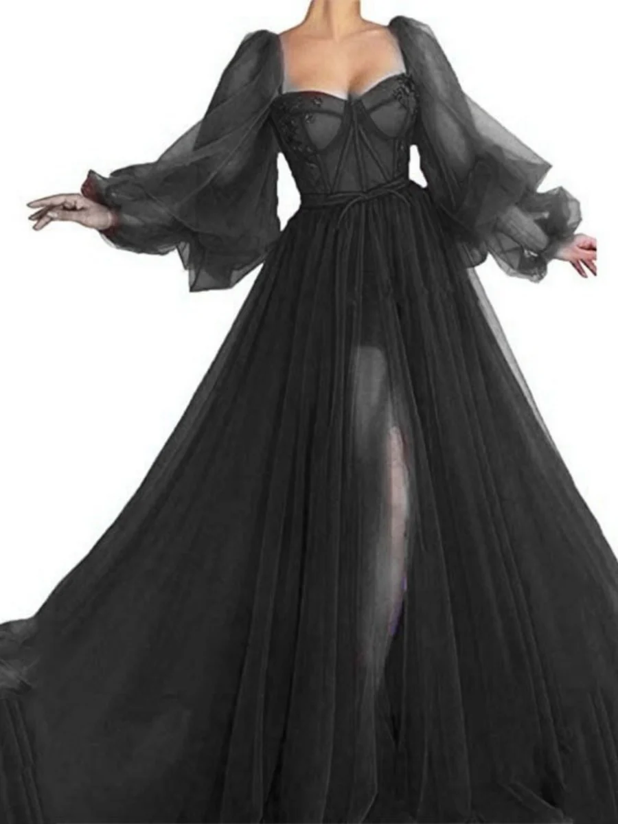 Herringbone Square Neckline With Mesh Slits And Wide Hem Maxi Dresses - Image 4