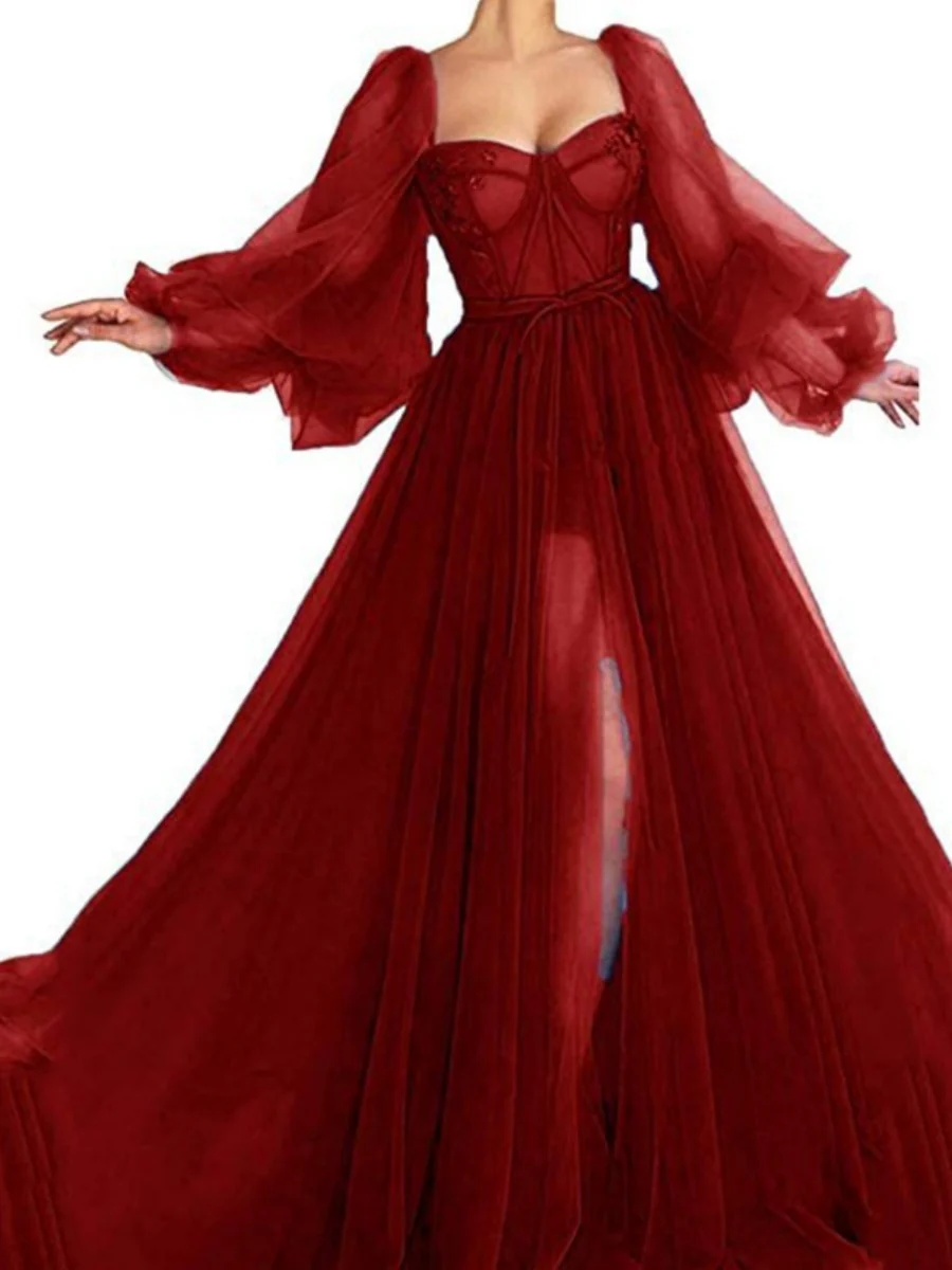 Herringbone Square Neckline With Mesh Slits And Wide Hem Maxi Dresses - Image 5