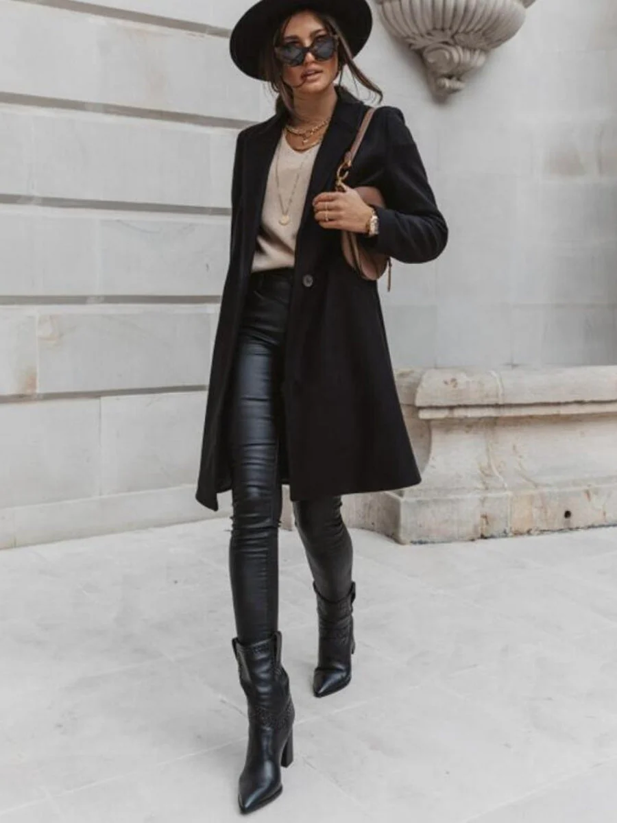 Solid Color Lapel Mid-length Button Wool Coat - Image 10