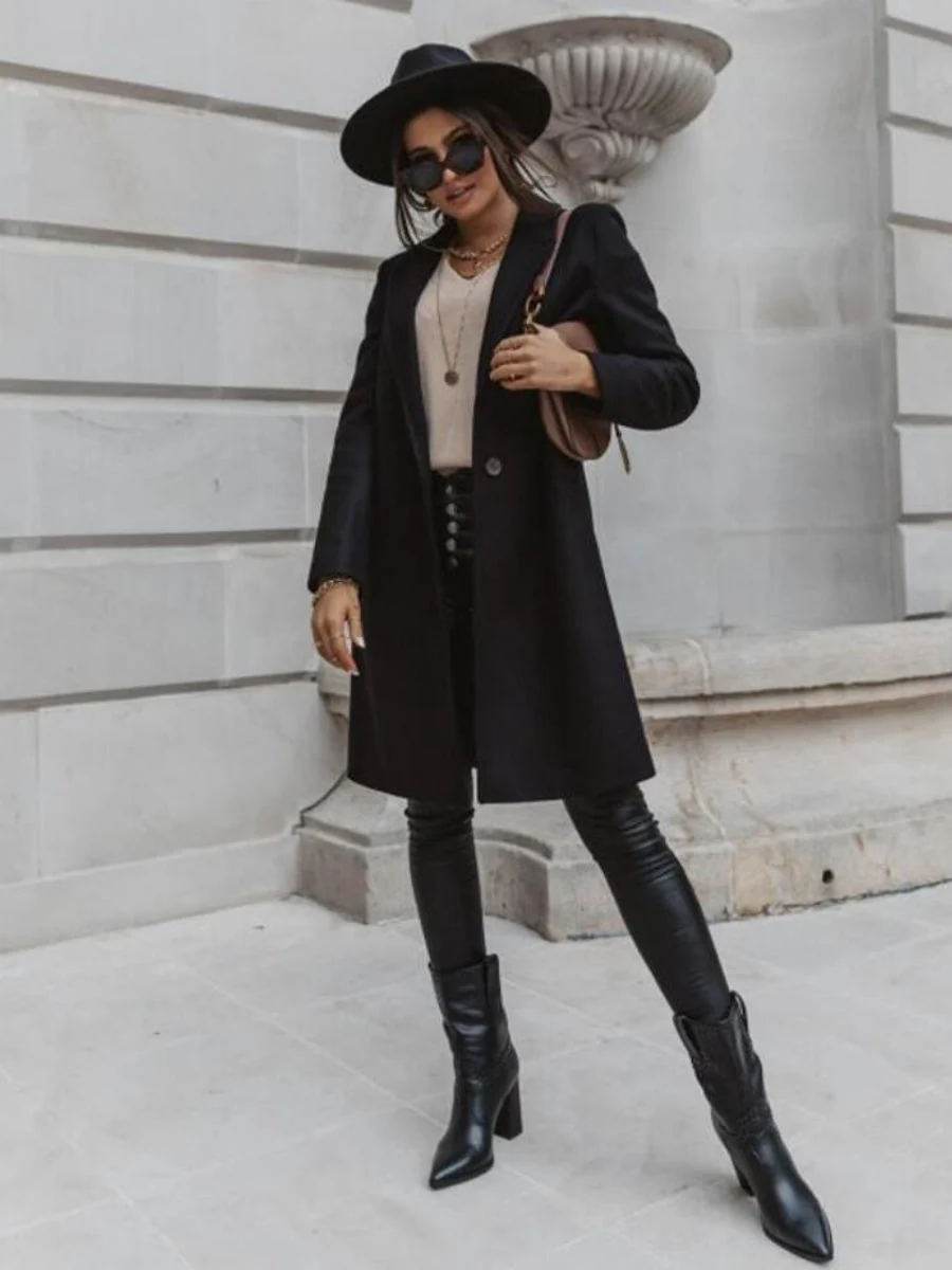 Solid Color Lapel Mid-length Button Wool Coat - Image 12