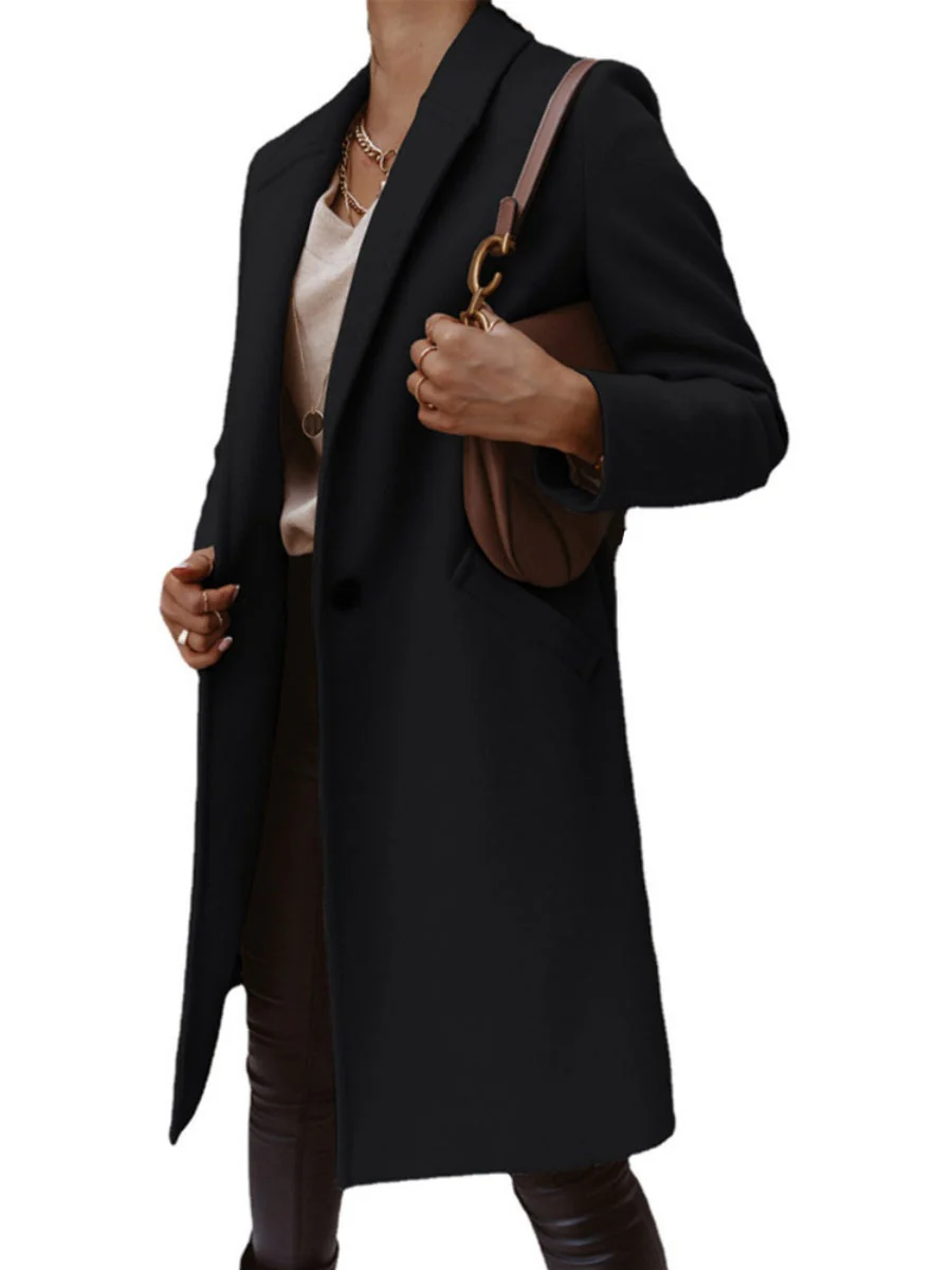 Solid Color Lapel Mid-length Button Wool Coat - Image 13