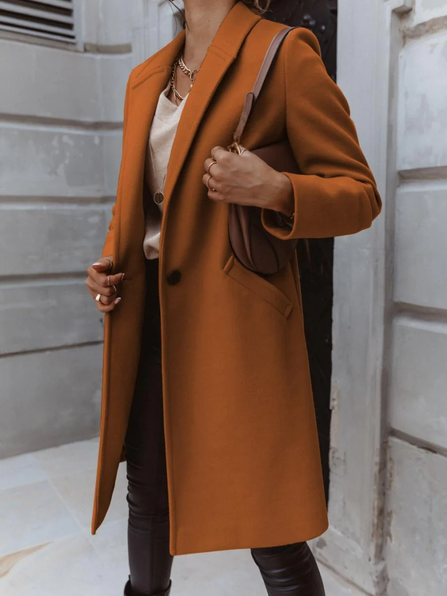 Solid Color Lapel Mid-length Button Wool Coat - Image 14