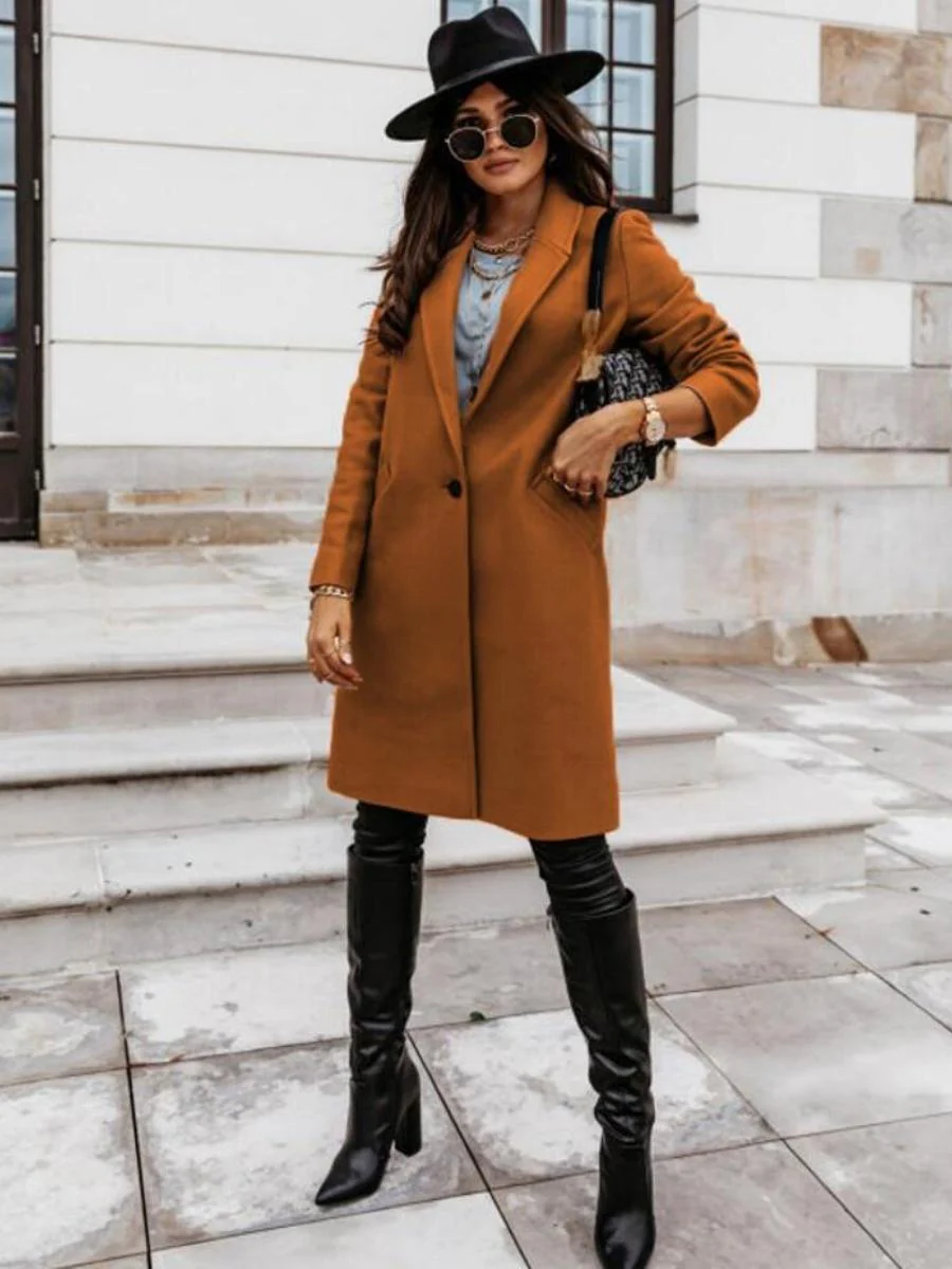 Solid Color Lapel Mid-length Button Wool Coat - Image 15