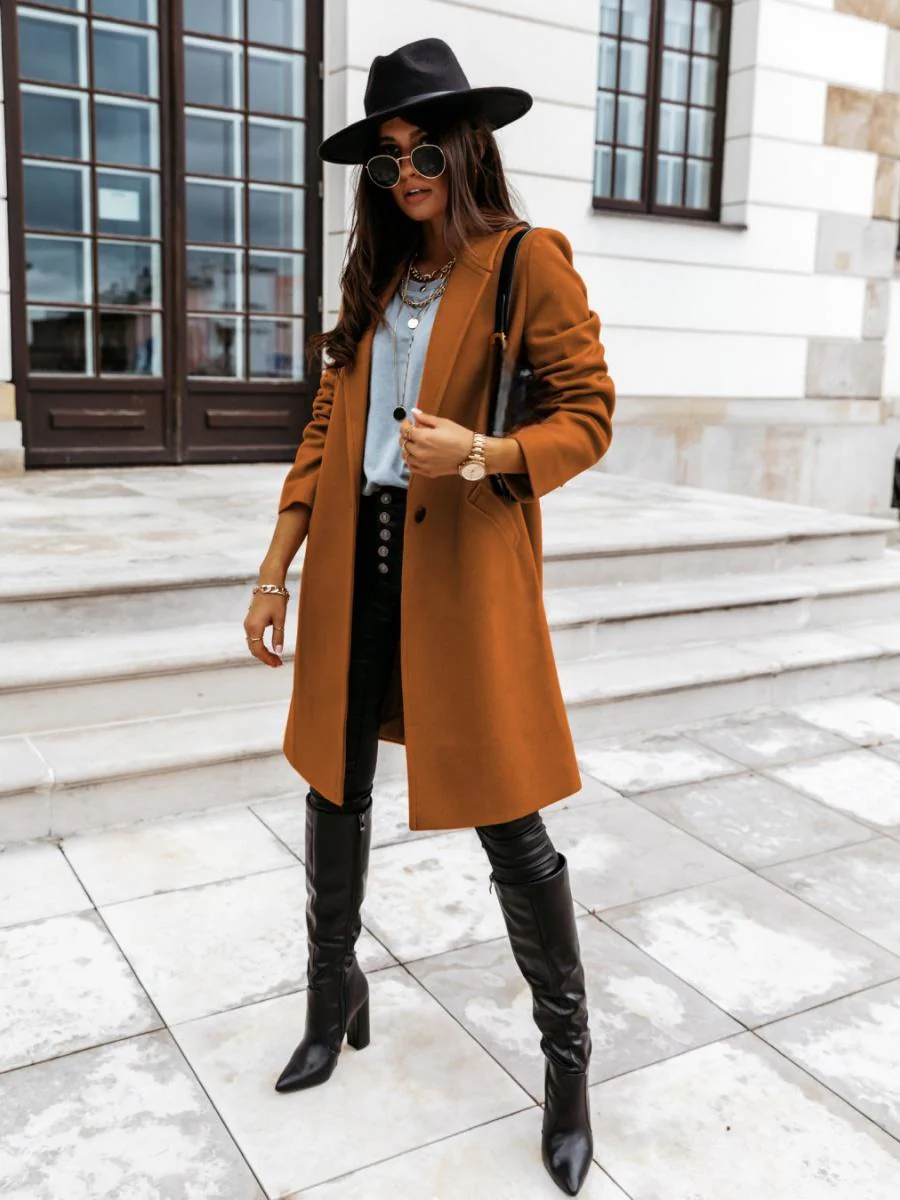 Solid Color Lapel Mid-length Button Wool Coat - Image 16