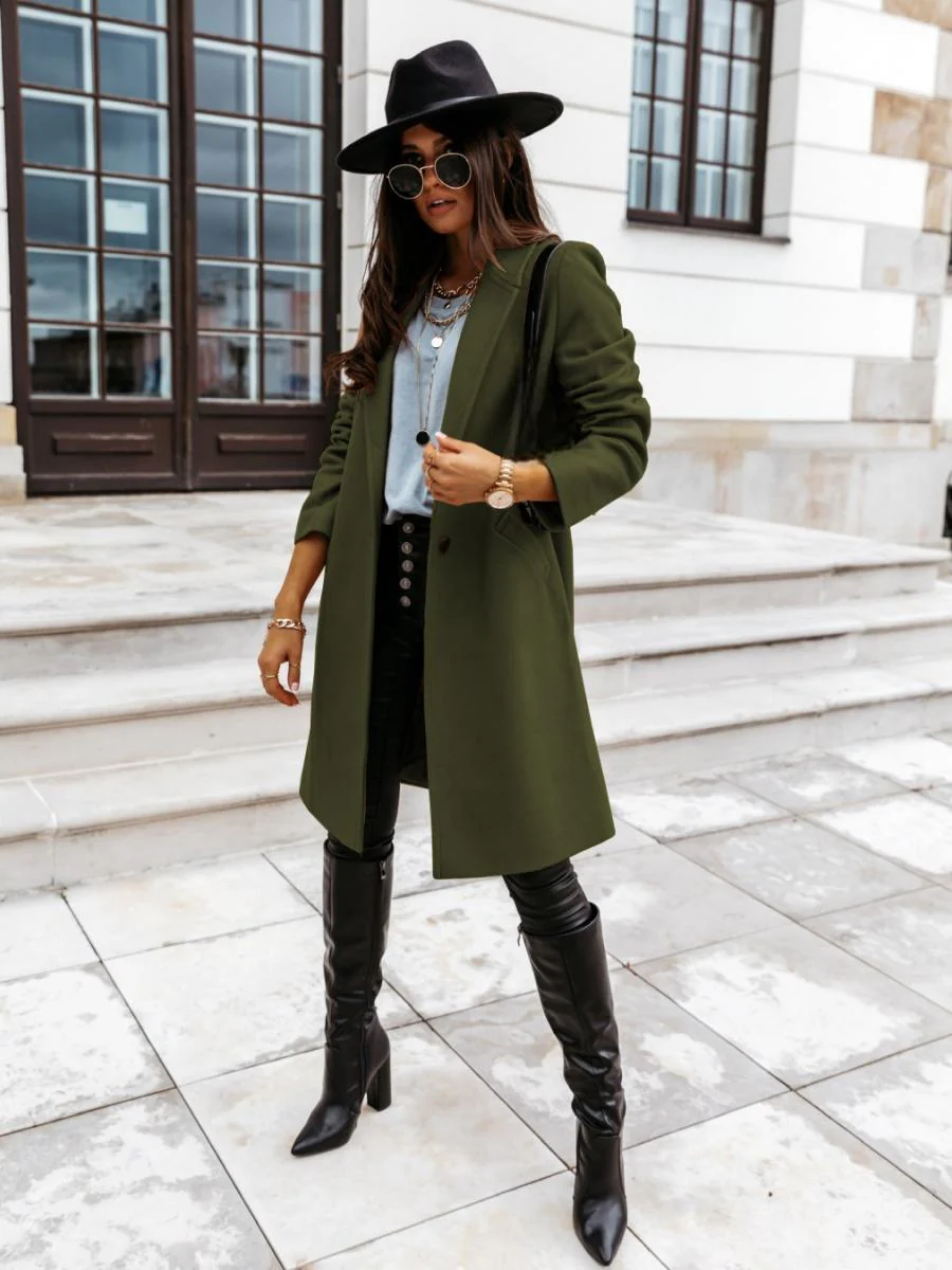 Solid Color Lapel Mid-length Button Wool Coat - Image 19