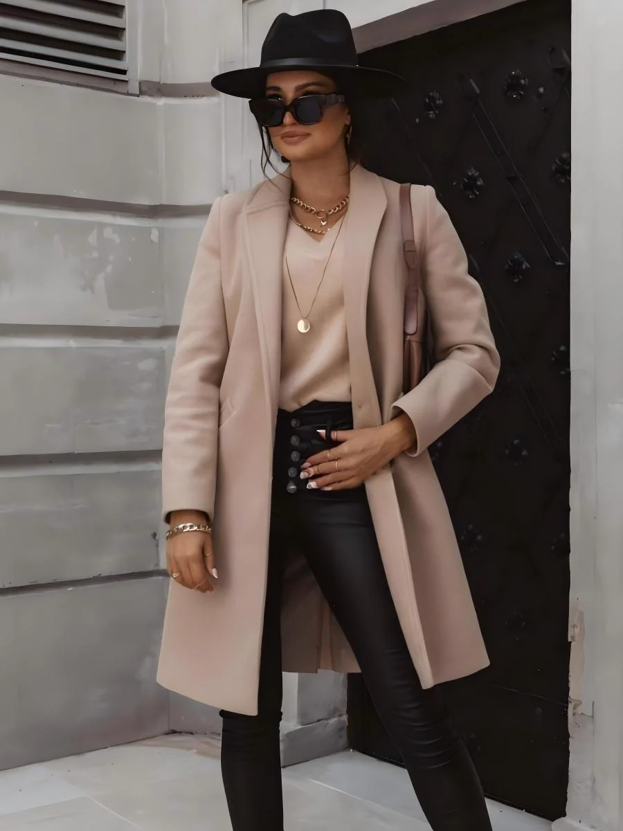 Solid Color Lapel Mid-length Button Wool Coat - Image 2