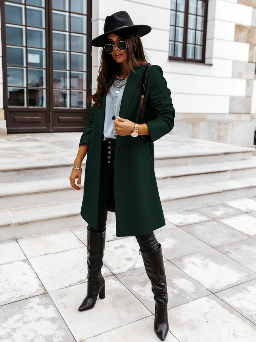 Solid Color Lapel Mid-length Button Wool Coat - Image 22