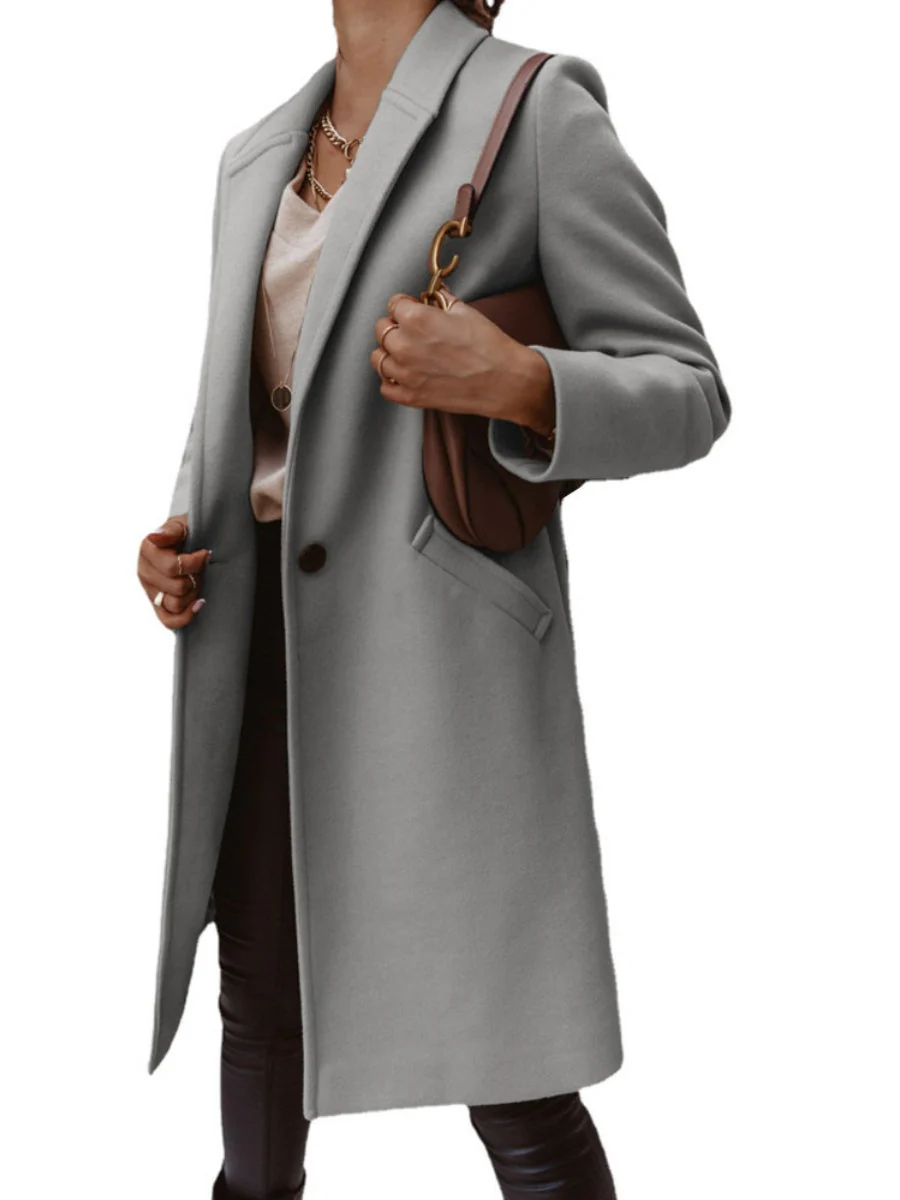 Solid Color Lapel Mid-length Button Wool Coat - Image 26