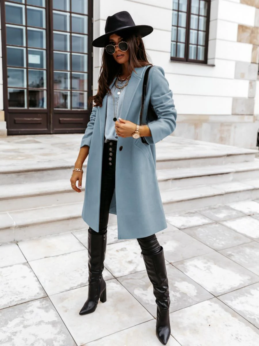 Solid Color Lapel Mid-length Button Wool Coat - Image 28