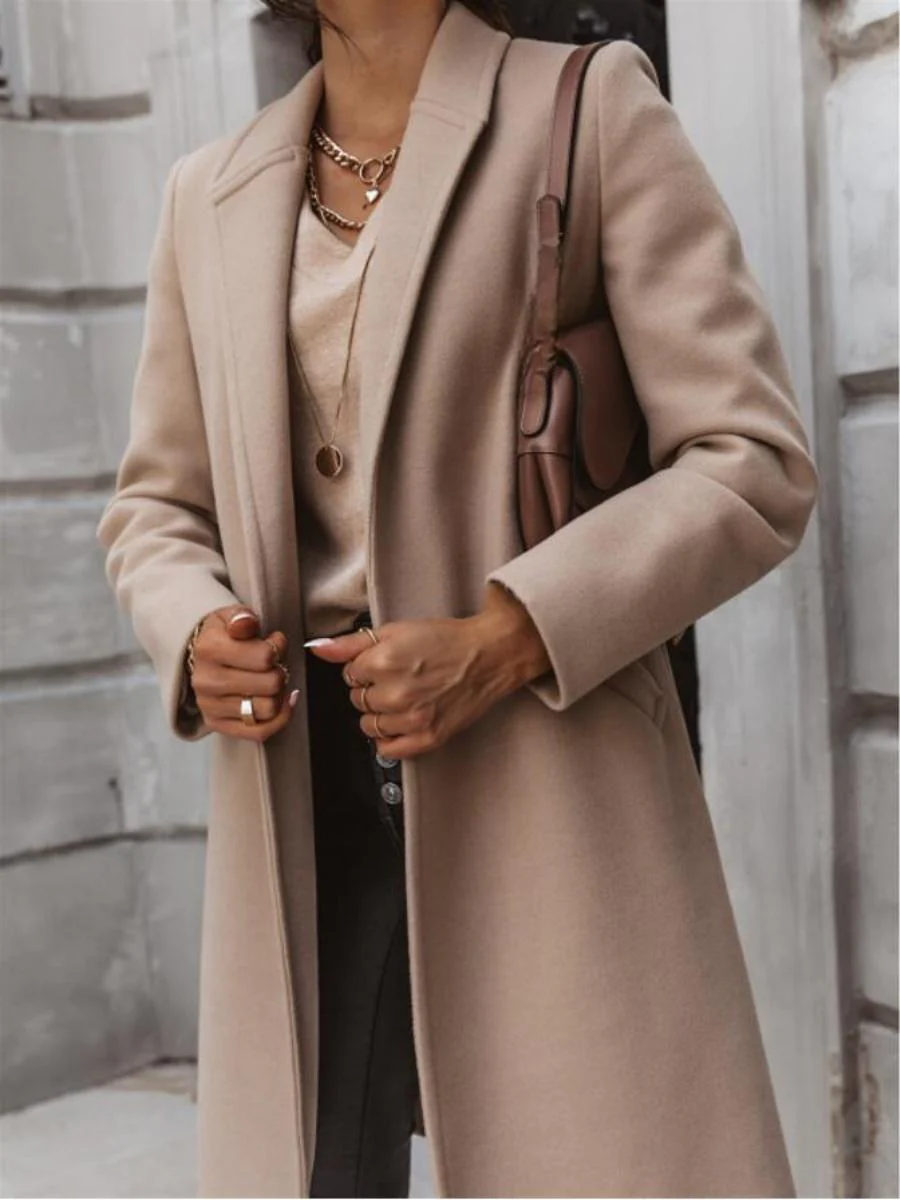 Solid Color Lapel Mid-length Button Wool Coat - Image 3
