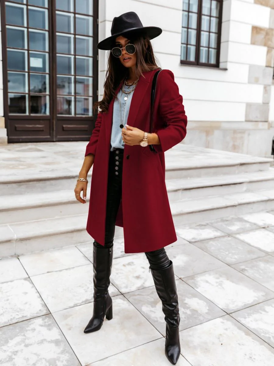 Solid Color Lapel Mid-length Button Wool Coat - Image 31