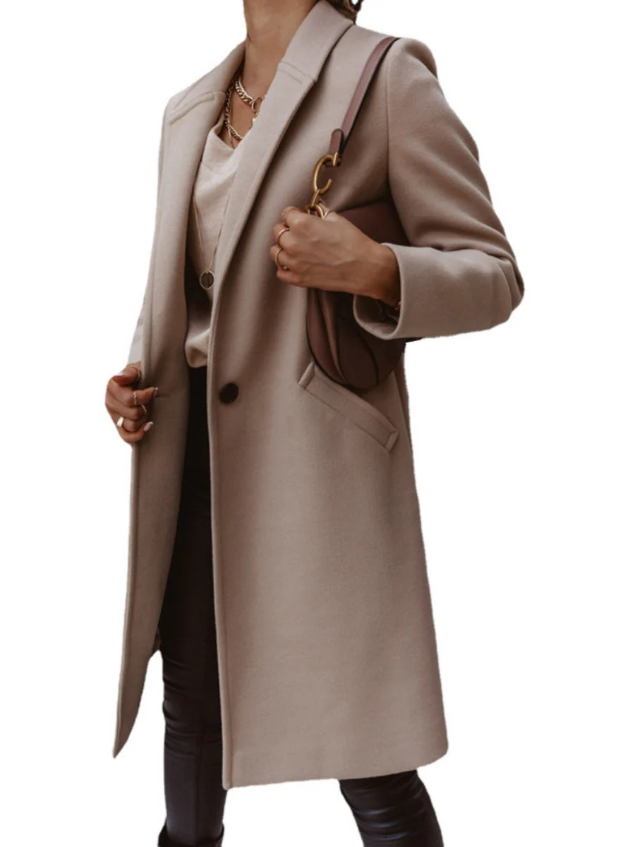 Solid Color Lapel Mid-length Button Wool Coat - Image 4