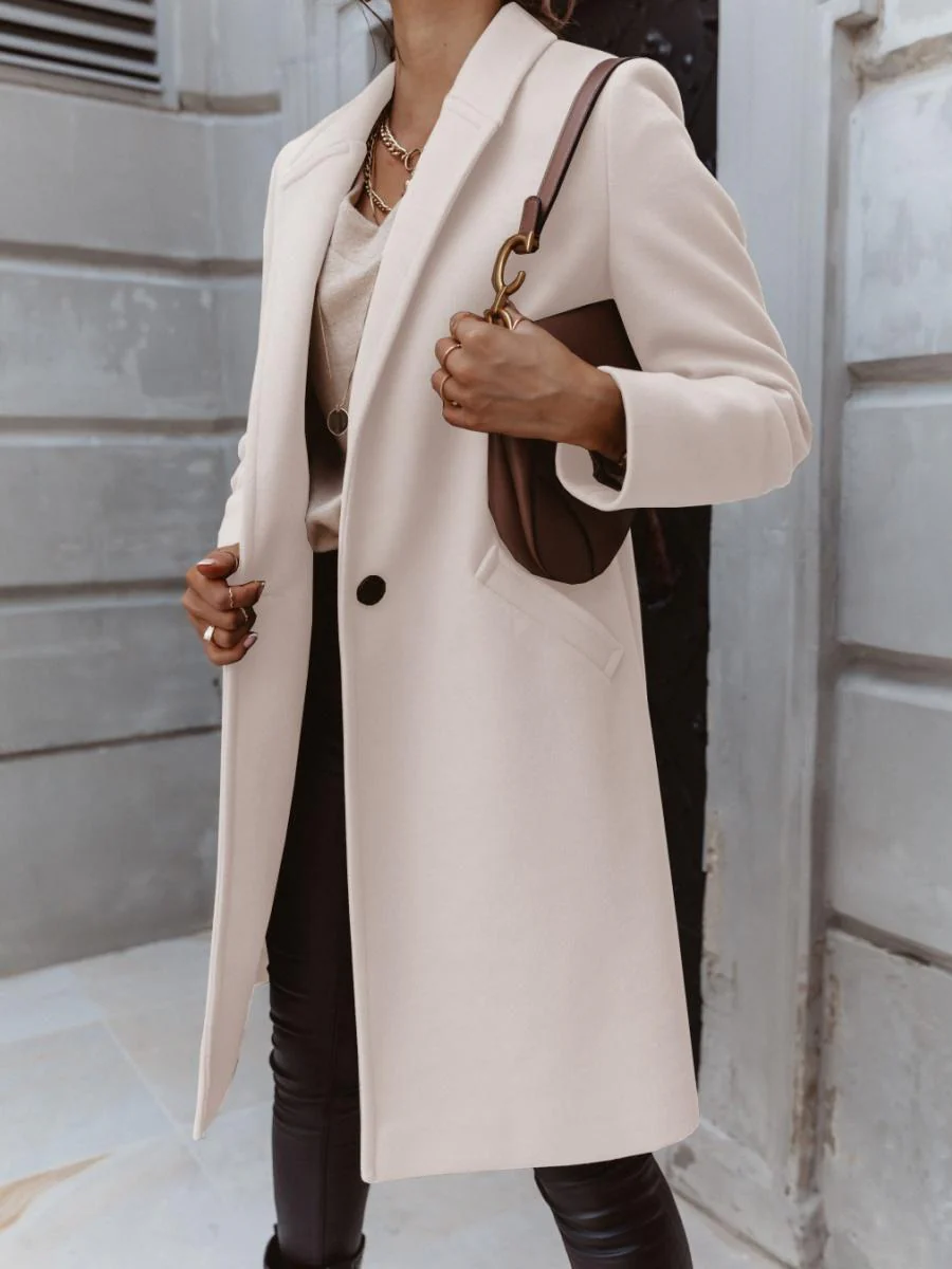 Solid Color Lapel Mid-length Button Wool Coat - Image 5
