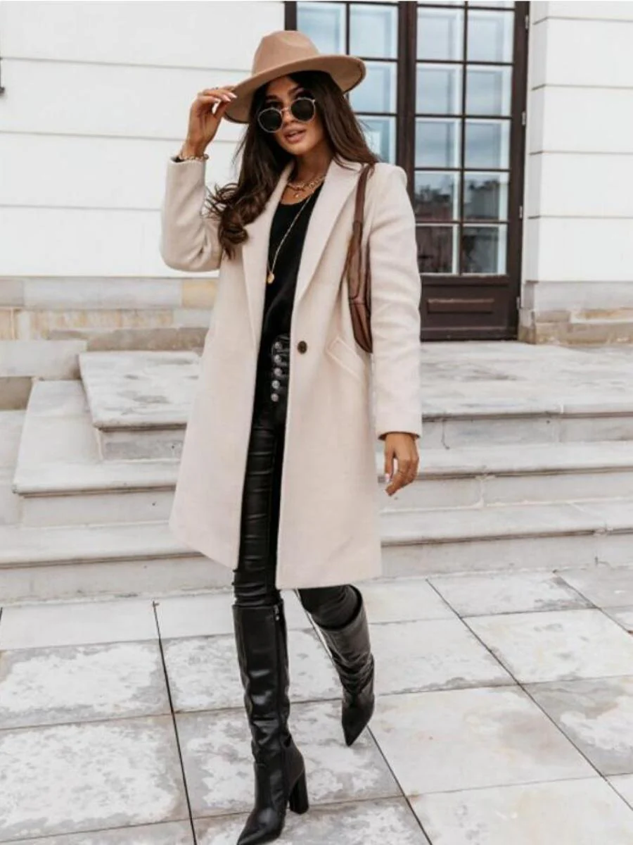 Solid Color Lapel Mid-length Button Wool Coat - Image 7