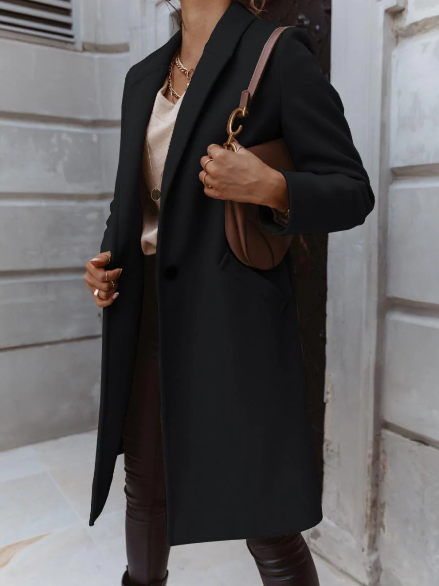 Solid Color Lapel Mid-length Button Wool Coat - Image 9