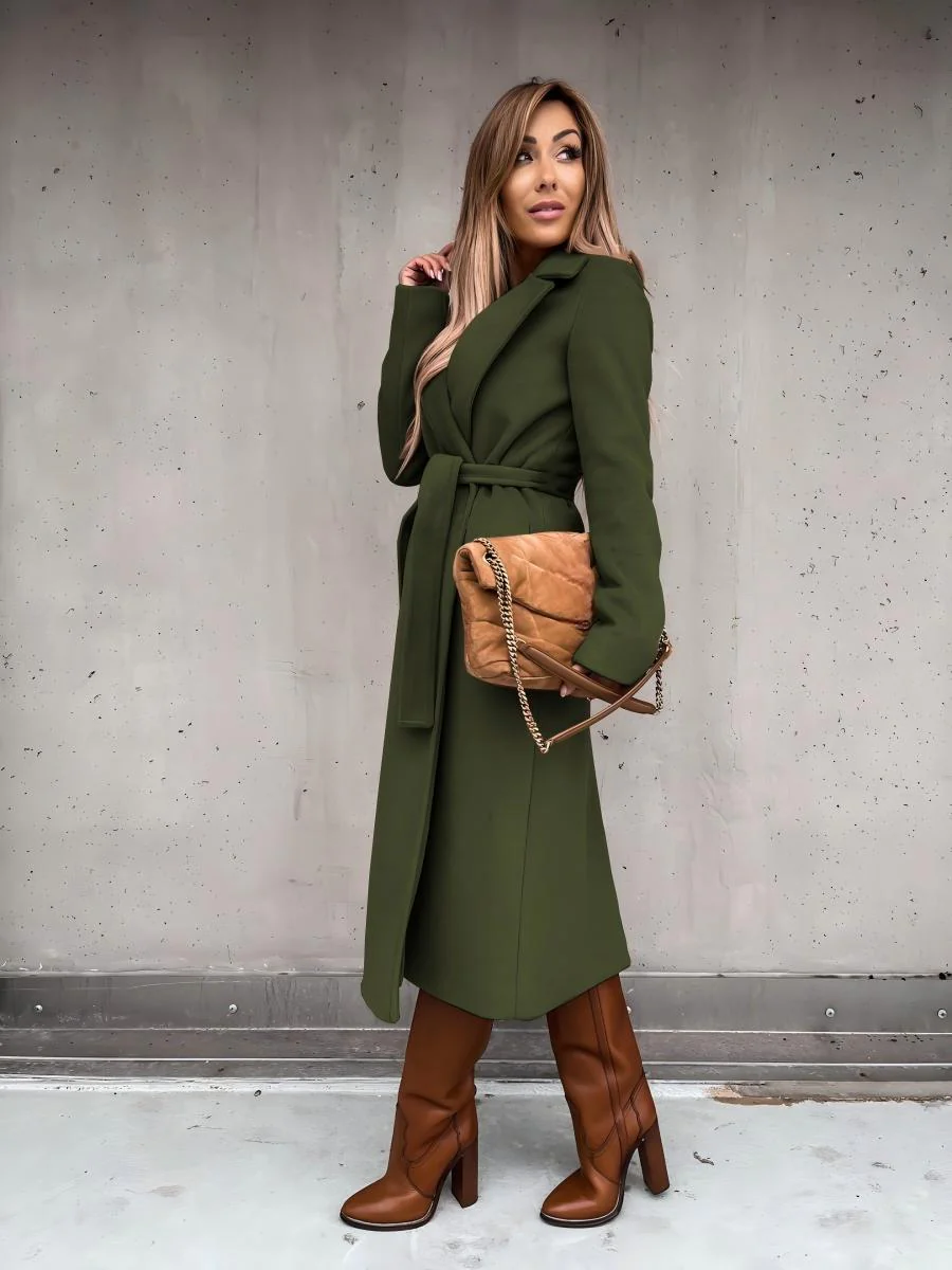 Solid Color Lapel Long Sleeve Woolen Simple Tie Coats