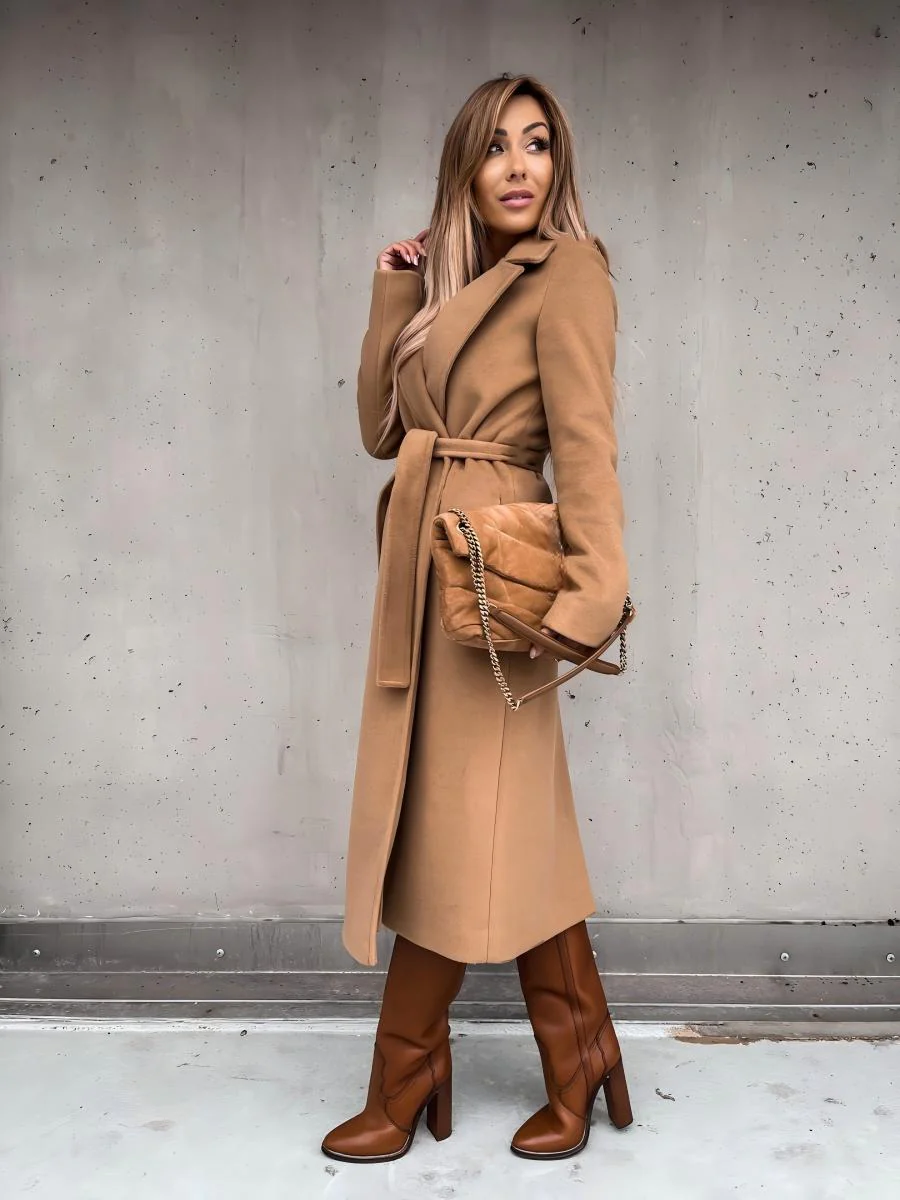 Solid Color Lapel Long Sleeve Woolen Simple Tie Coats - Image 10