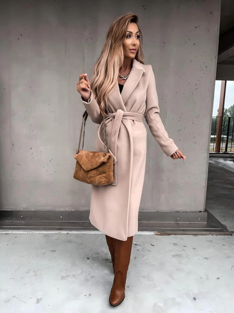 Solid Color Lapel Long Sleeve Woolen Simple Tie Coats - Image 11
