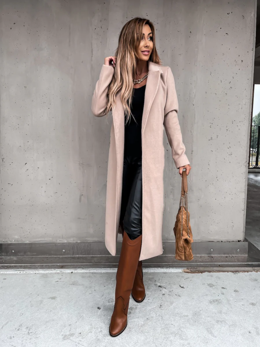 Solid Color Lapel Long Sleeve Woolen Simple Tie Coats - Image 12