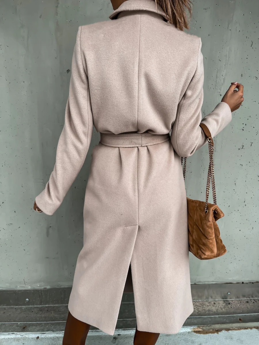 Solid Color Lapel Long Sleeve Woolen Simple Tie Coats - Image 13