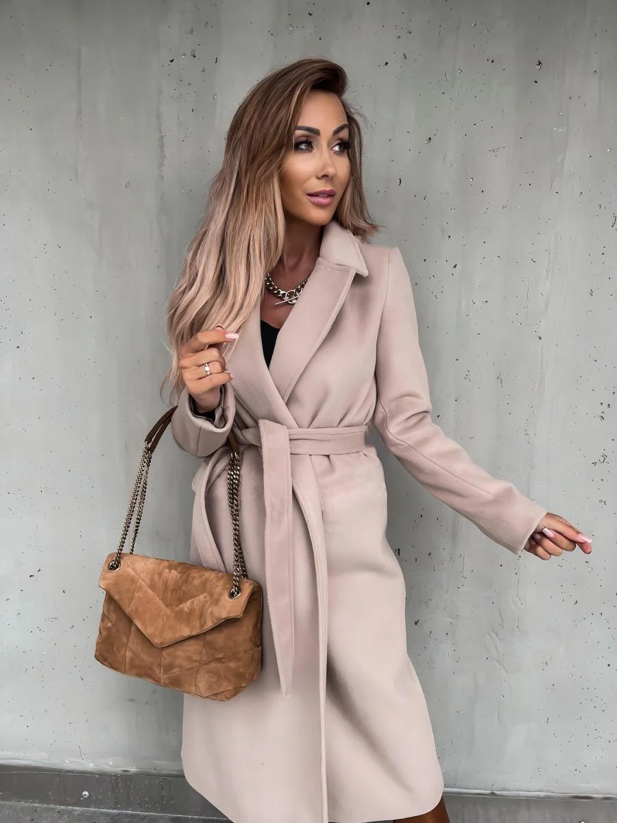 Solid Color Lapel Long Sleeve Woolen Simple Tie Coats - Image 14