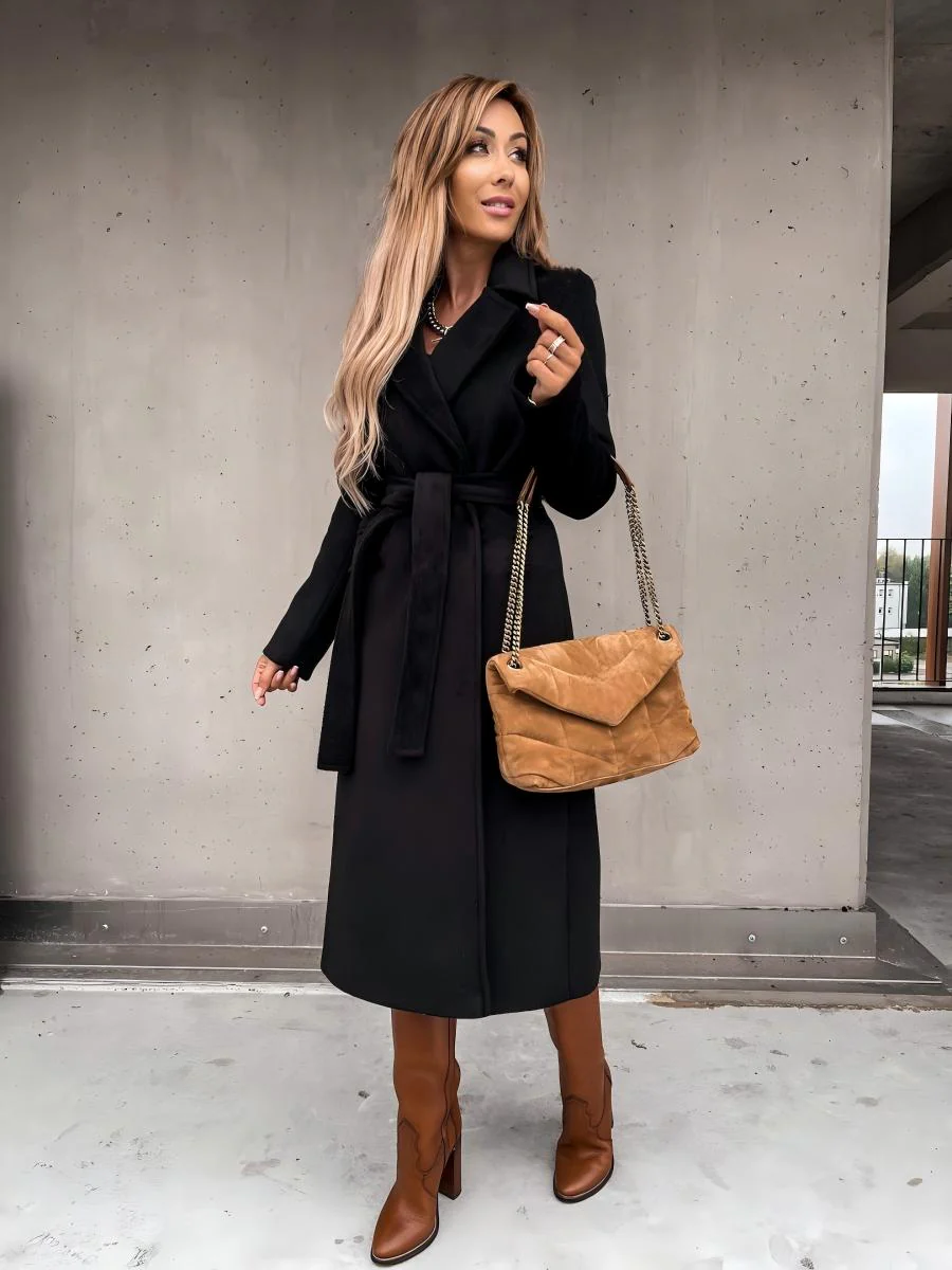 Solid Color Lapel Long Sleeve Woolen Simple Tie Coats - Image 15