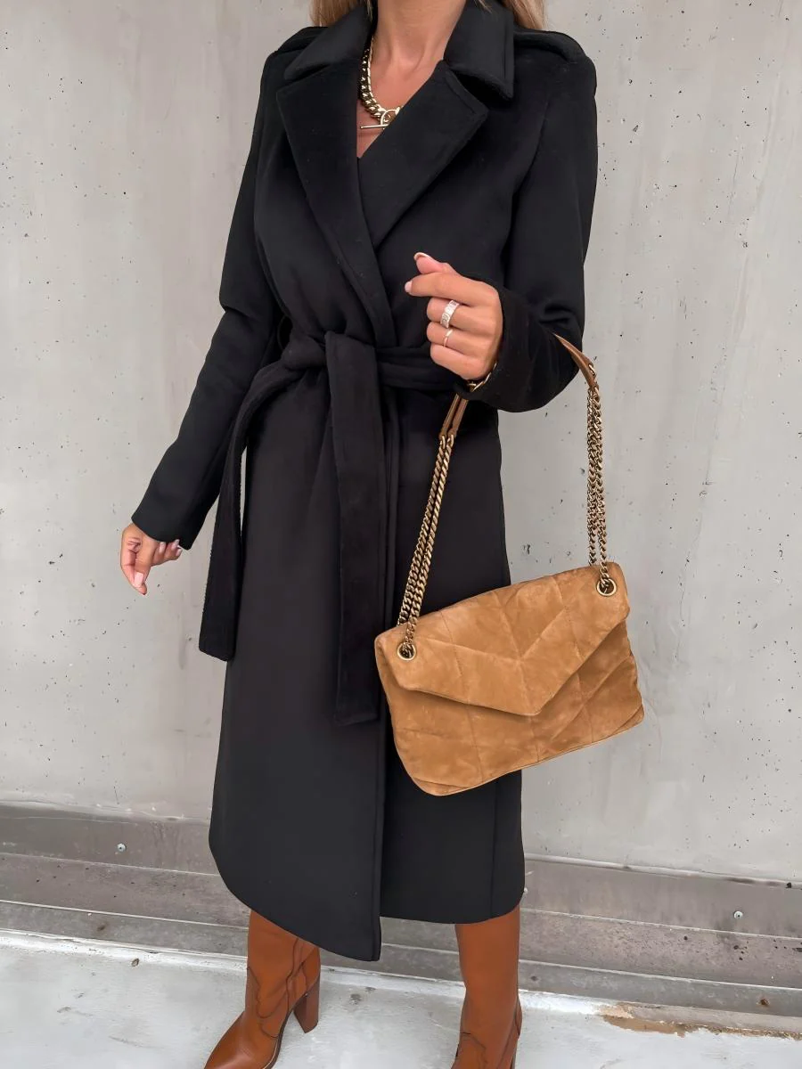 Solid Color Lapel Long Sleeve Woolen Simple Tie Coats - Image 16