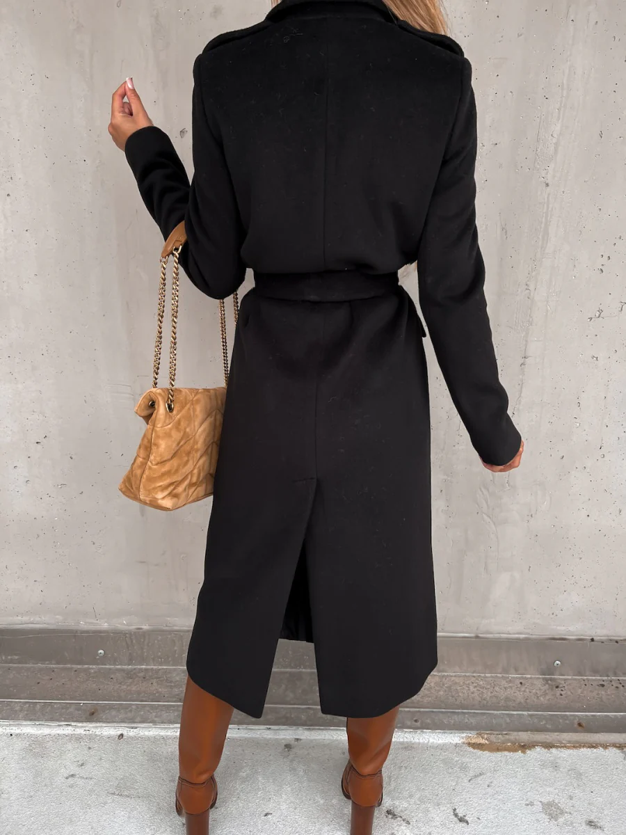 Solid Color Lapel Long Sleeve Woolen Simple Tie Coats - Image 17