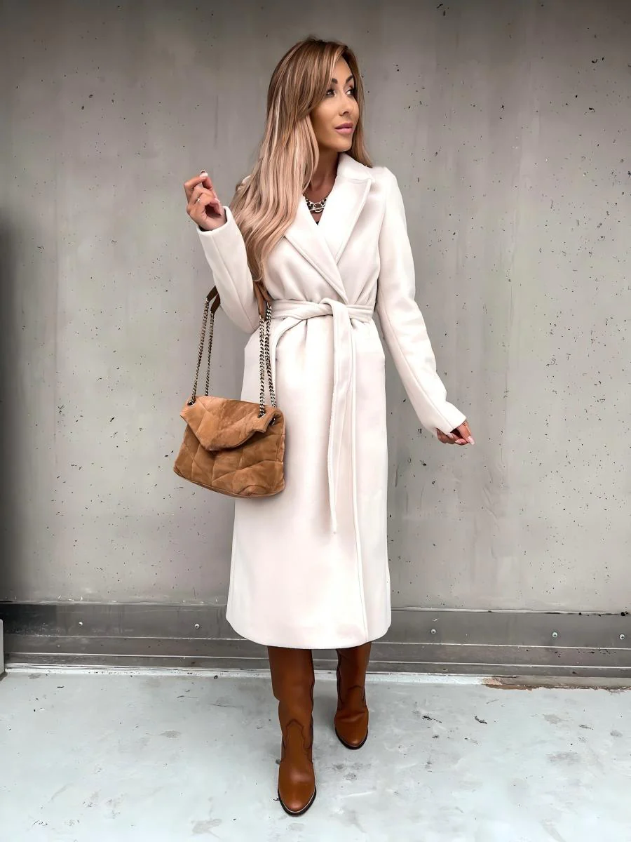 Solid Color Lapel Long Sleeve Woolen Simple Tie Coats - Image 19
