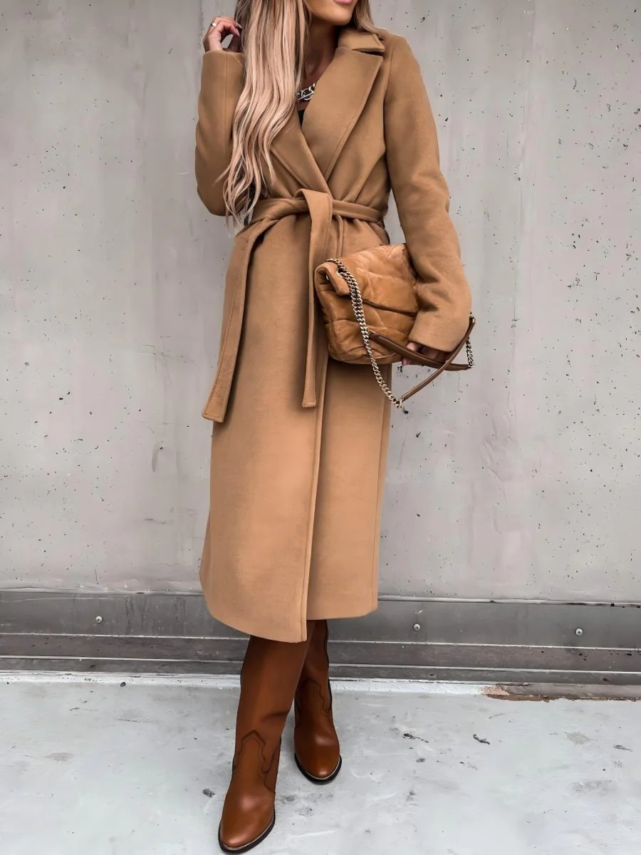 Solid Color Lapel Long Sleeve Woolen Simple Tie Coats - Image 2