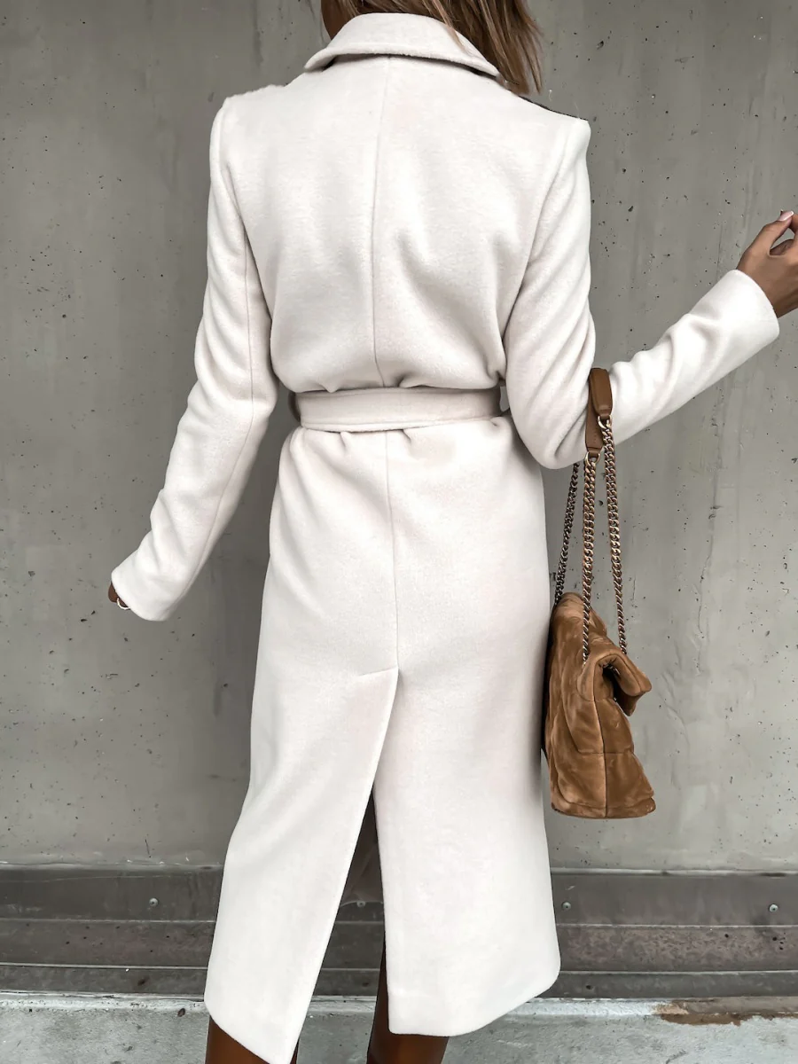 Solid Color Lapel Long Sleeve Woolen Simple Tie Coats - Image 21