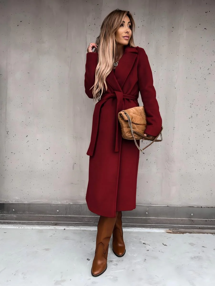 Solid Color Lapel Long Sleeve Woolen Simple Tie Coats - Image 22