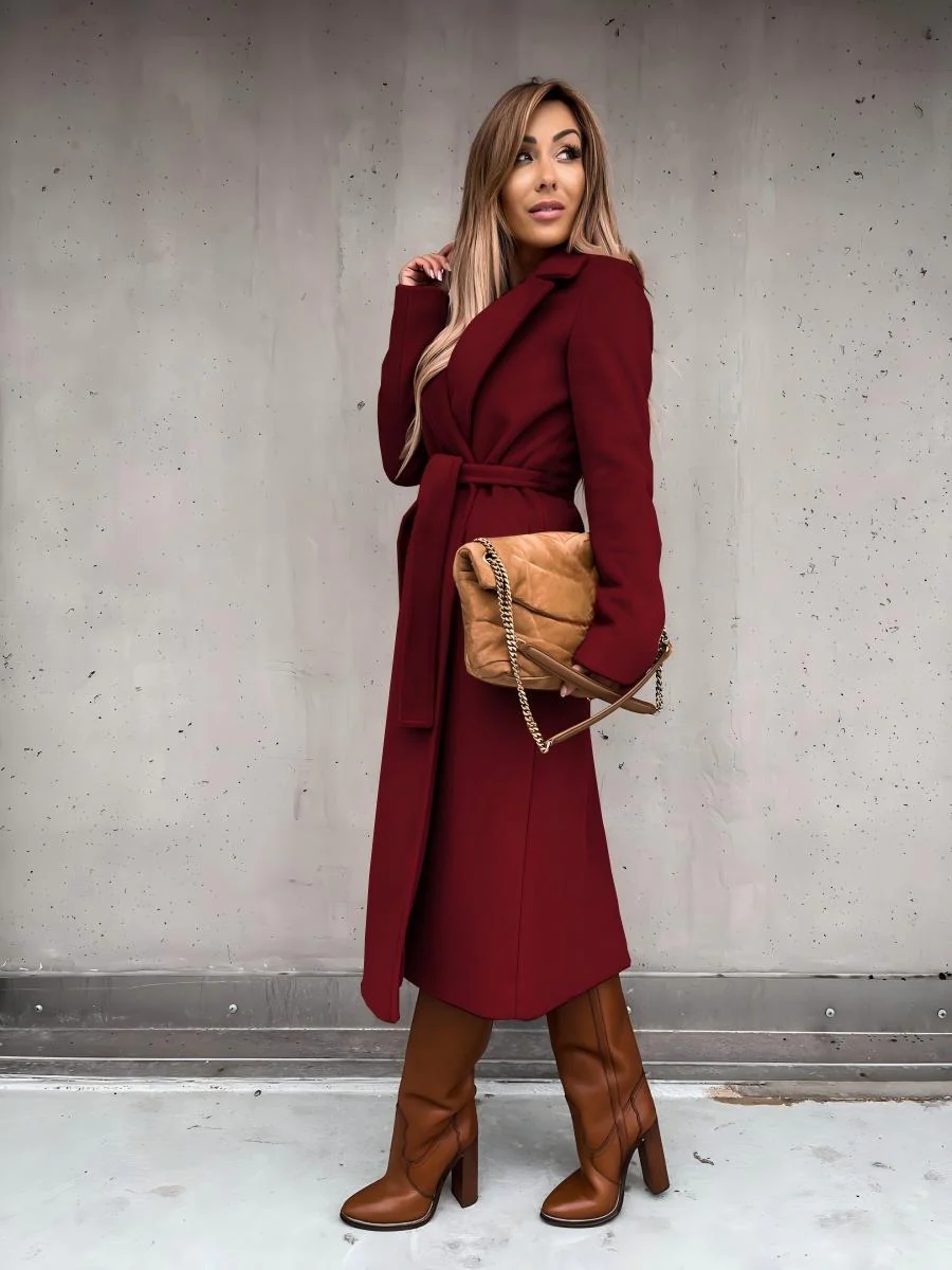 Solid Color Lapel Long Sleeve Woolen Simple Tie Coats - Image 23