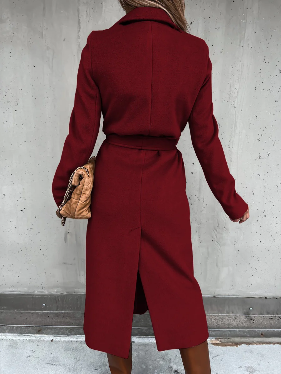 Solid Color Lapel Long Sleeve Woolen Simple Tie Coats - Image 24