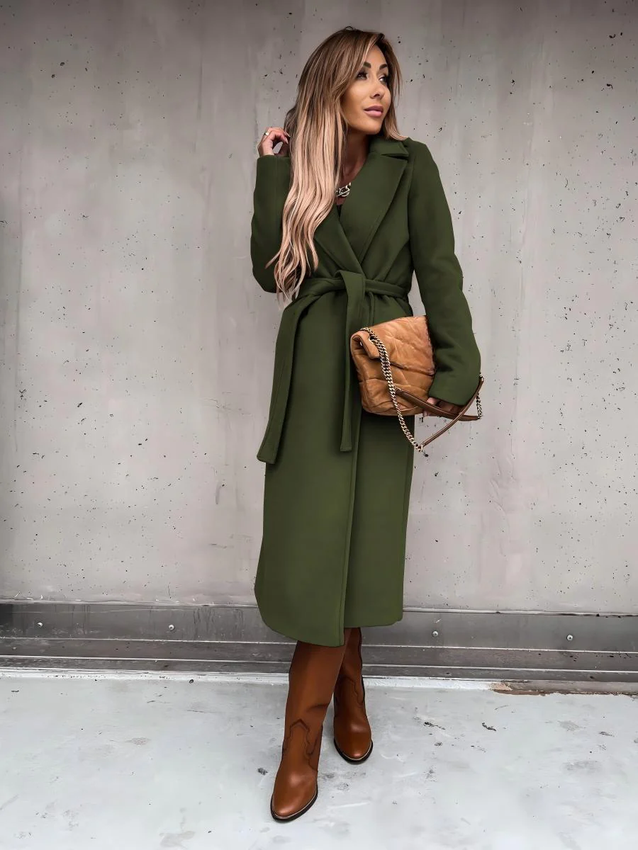 Solid Color Lapel Long Sleeve Woolen Simple Tie Coats - Image 25