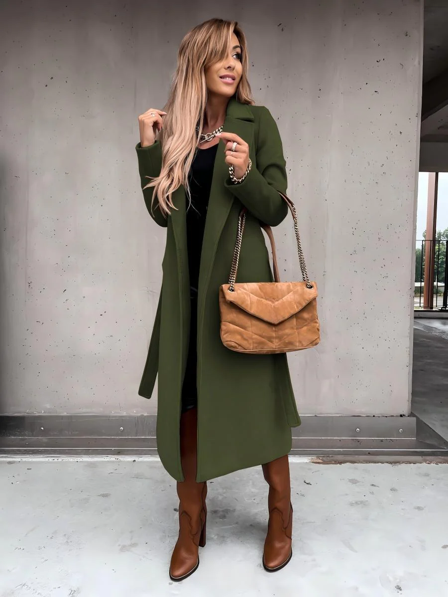 Solid Color Lapel Long Sleeve Woolen Simple Tie Coats - Image 26